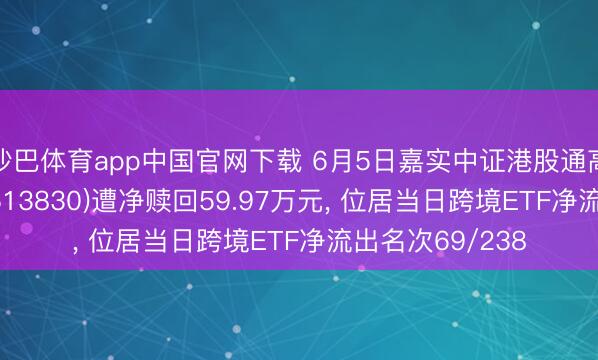 沙巴体育app中国官网下载 6月5日嘉实中证港股通高股息投资ETF(513830)遭净赎回59.97万元, 位居当日跨境ETF净流出名次69/238
